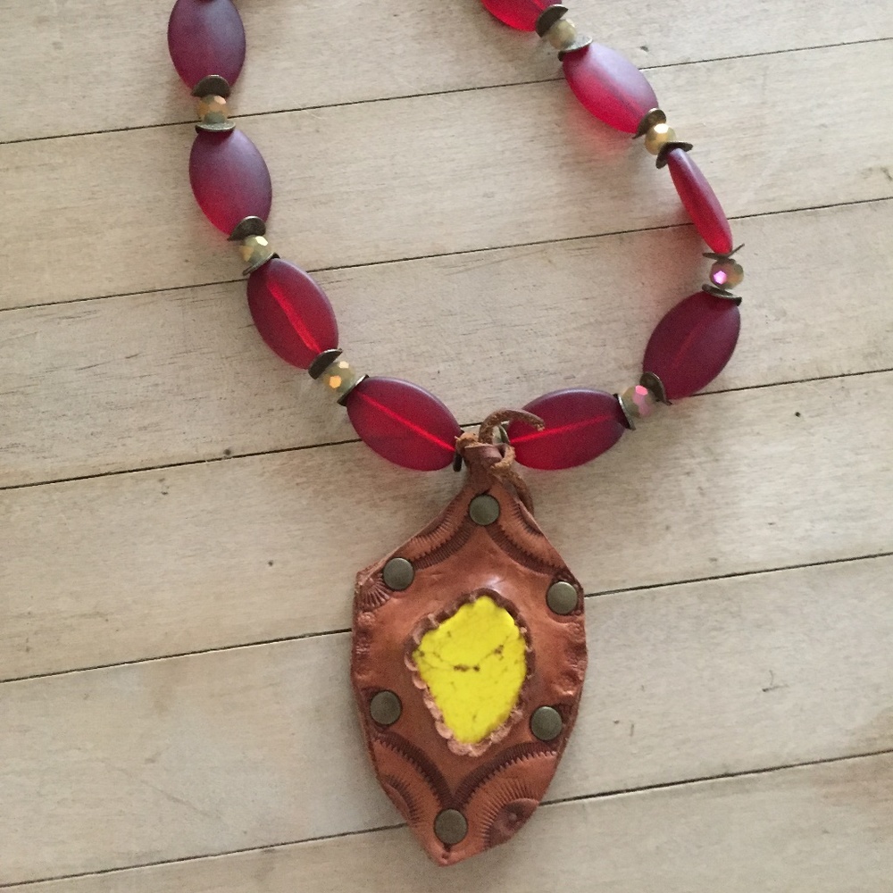 Handmade Beaded Necklace With Leather Pendant